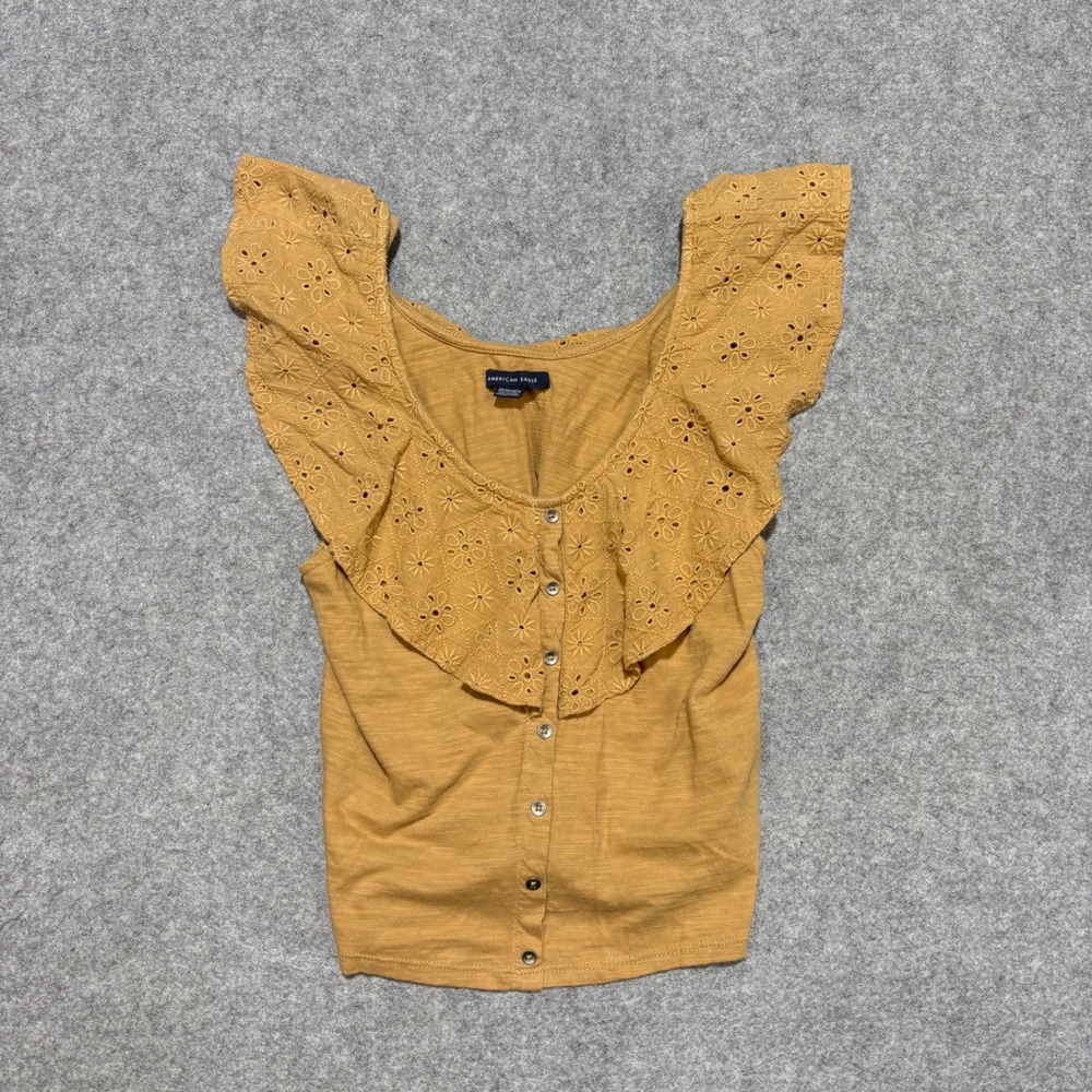American Eagle Mustard Yellow Eyelet Lace Ruffle Button Front Tank Top XS